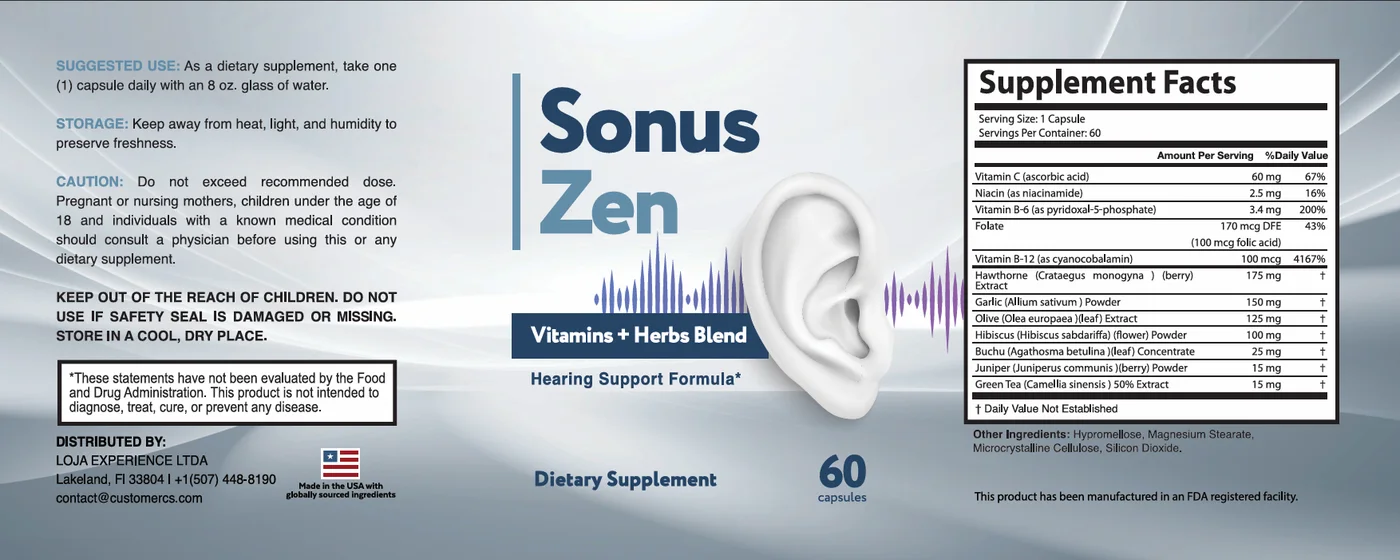 SonusZen bottle label and Supplement Facts panel listing the B-vitamins and the seven-botanical blend with amounts
